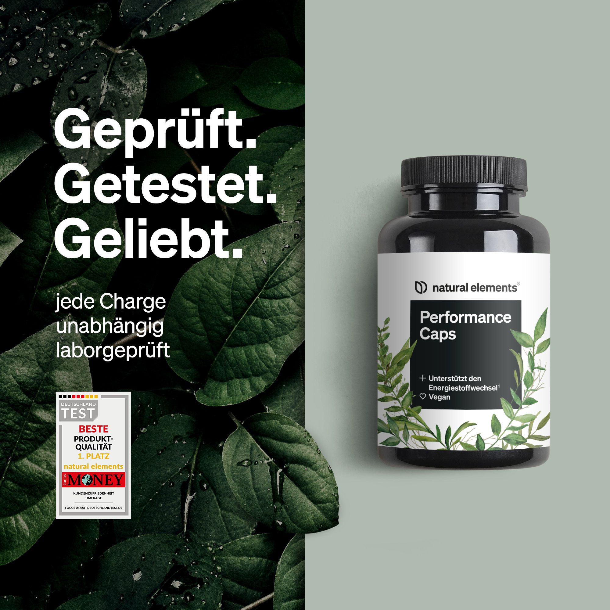 Flasche mit Performance Caps. Text: Geprüft. Getestet. Geliebt. Test-Siegel.
