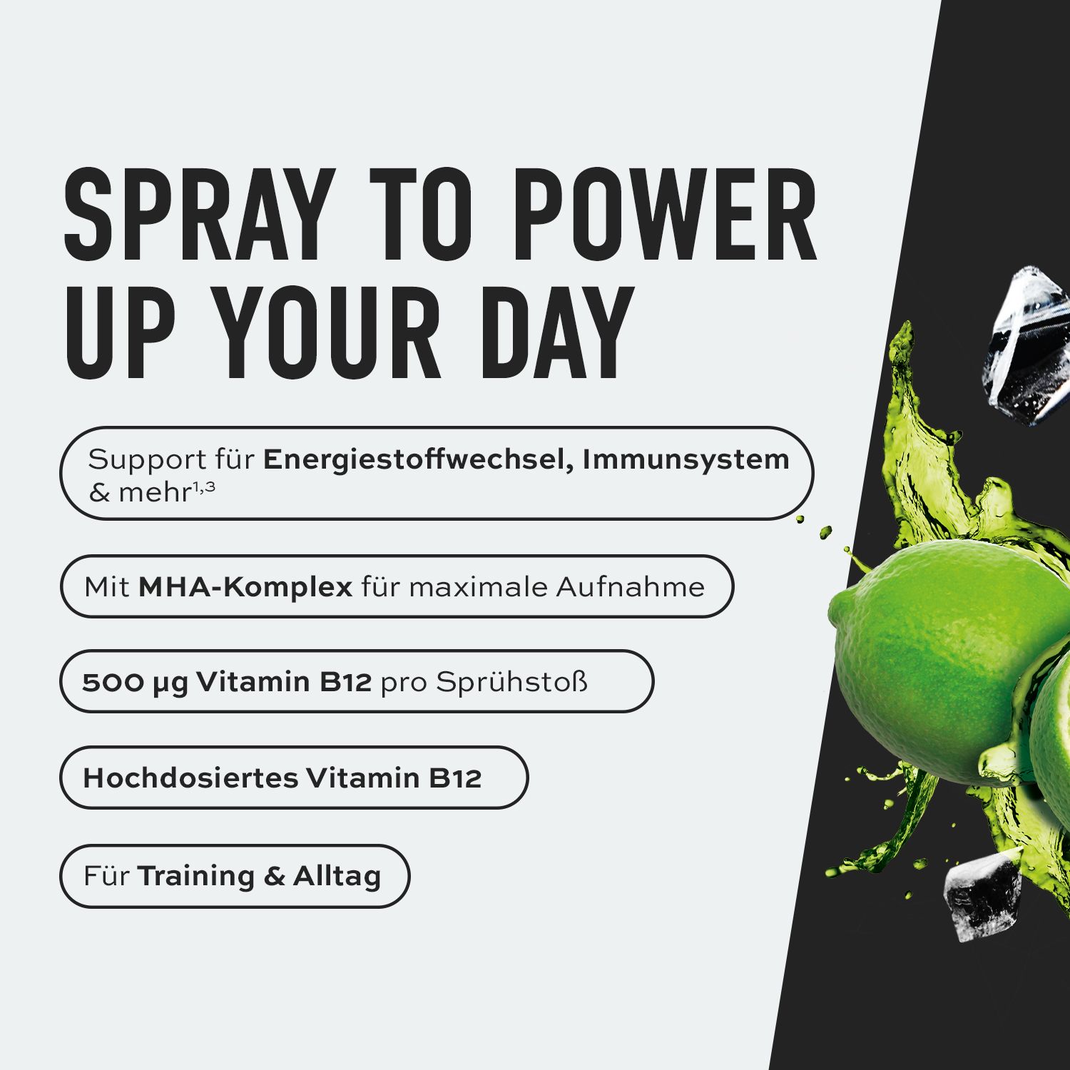 Text auf grauem Hintergrund: "SPRAY TO POWER UP YOUR DAY". Informationen zu Inhaltsstoffen und Anwendung.