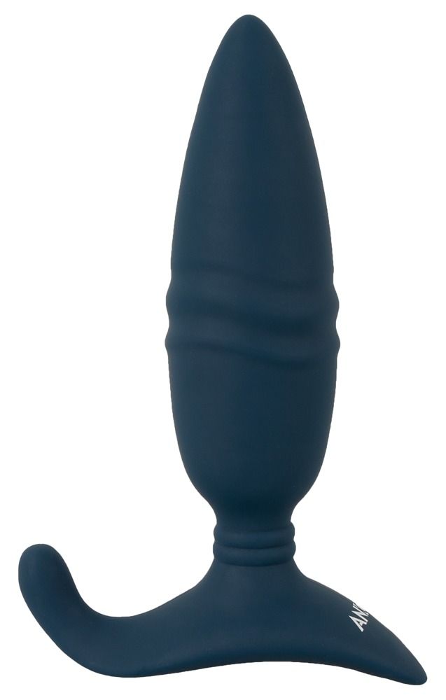 Blauer Anos RC Thrusting Butt Plug. Längliche Form mit Rillen und gebogener Basis. Marke ANOS am Fuß.