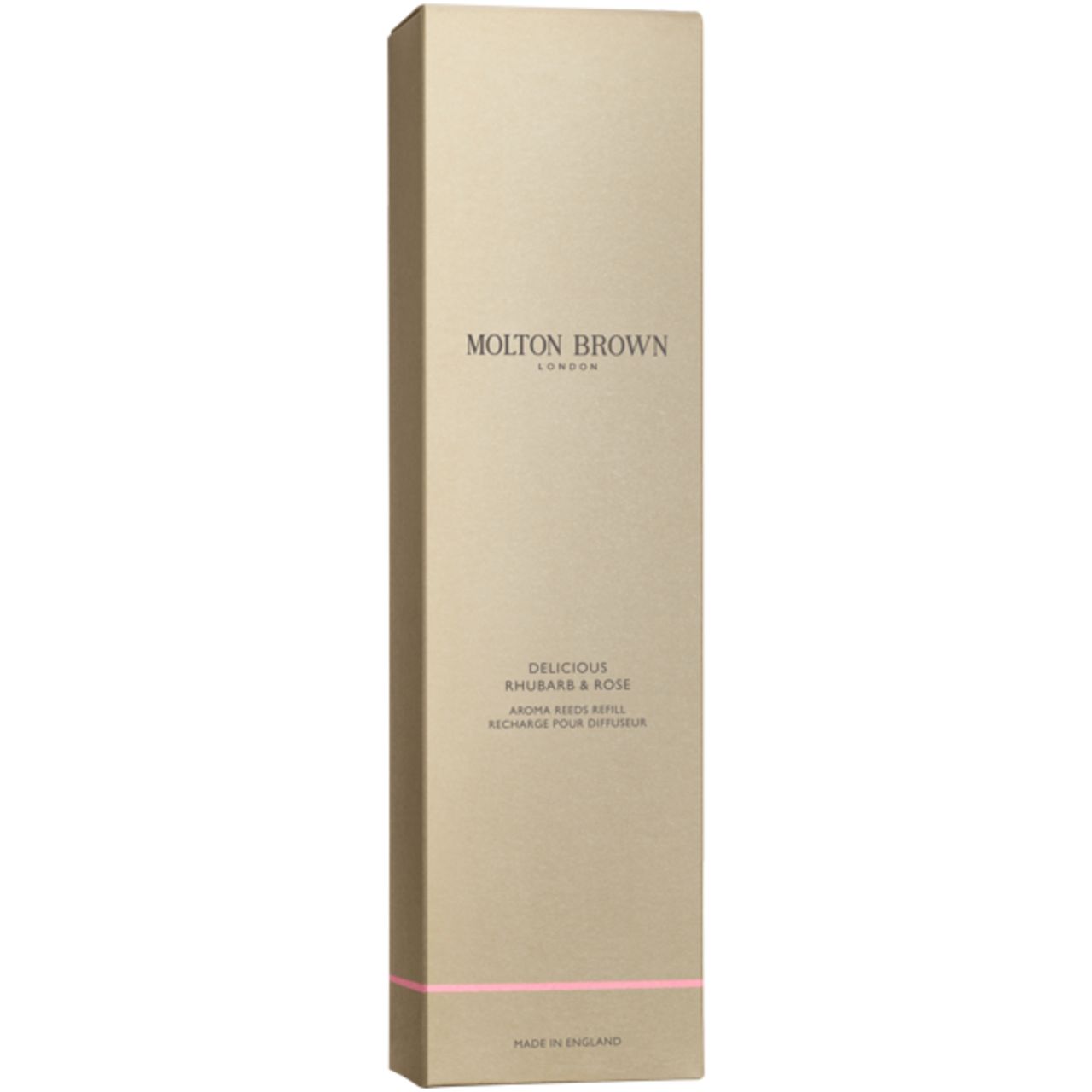 Goldene Verpackung für Molton Brown Rhubarb & Rose Aroma-Nachfüllung mit rosa Akzent.