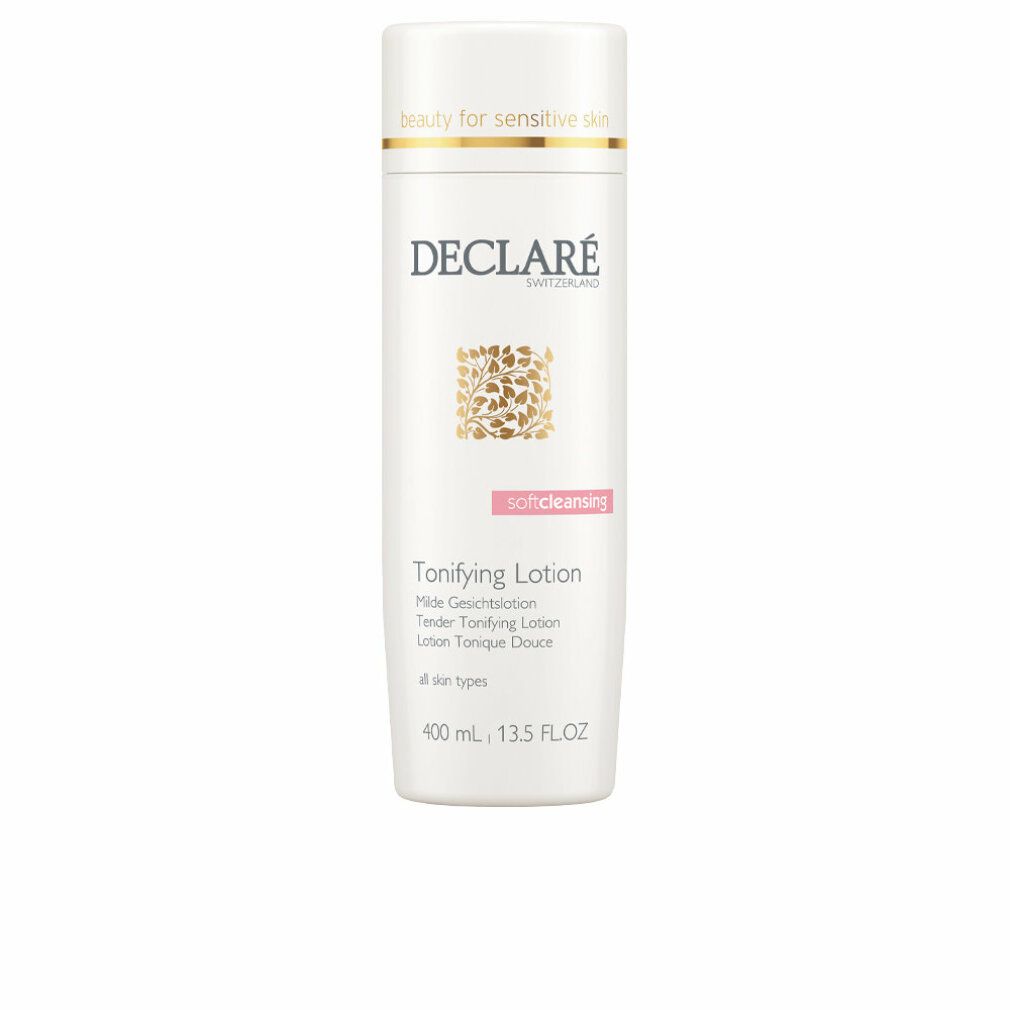 Weiße Flasche DECLARÉ Toning Lotion. Aufschrift: Soft Cleansing, Toning Lotion. 400ml. Für alle Hauttypen.