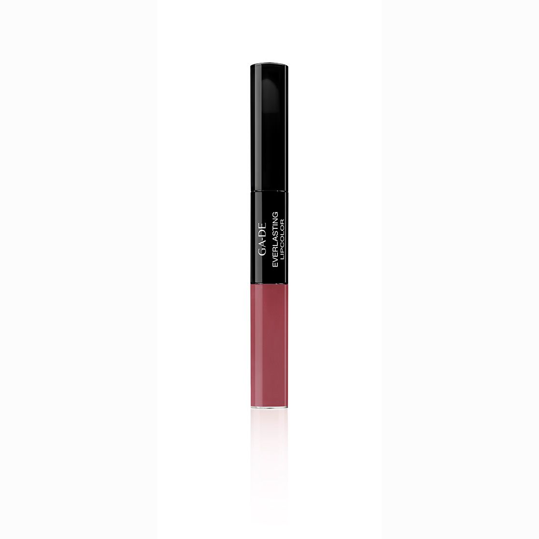 Doppel-Lippenstift mit schwarzem Deckel und rosafarbenem Lippenstift. Aufschrift: GA-DE Everlasting Lipcolor.