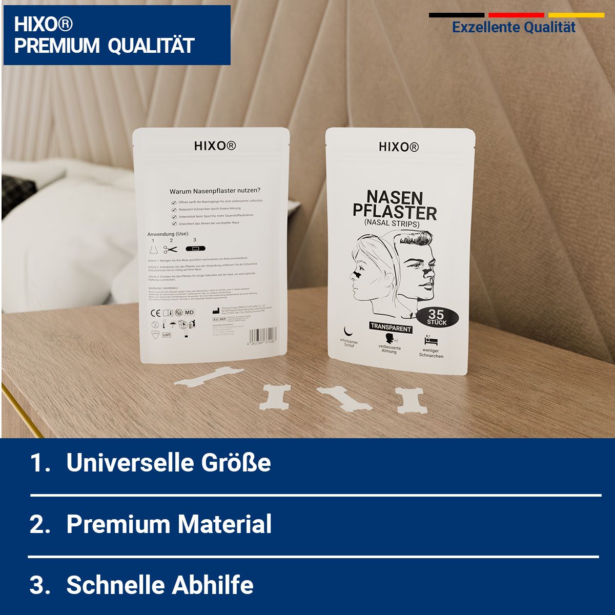Zwei Beutel Nasenpflaster, daneben einige Pflaster. Text: HIXO, Premium Qualität. Text: Universelle Größe, Premium Material, schnelle Abhilfe.