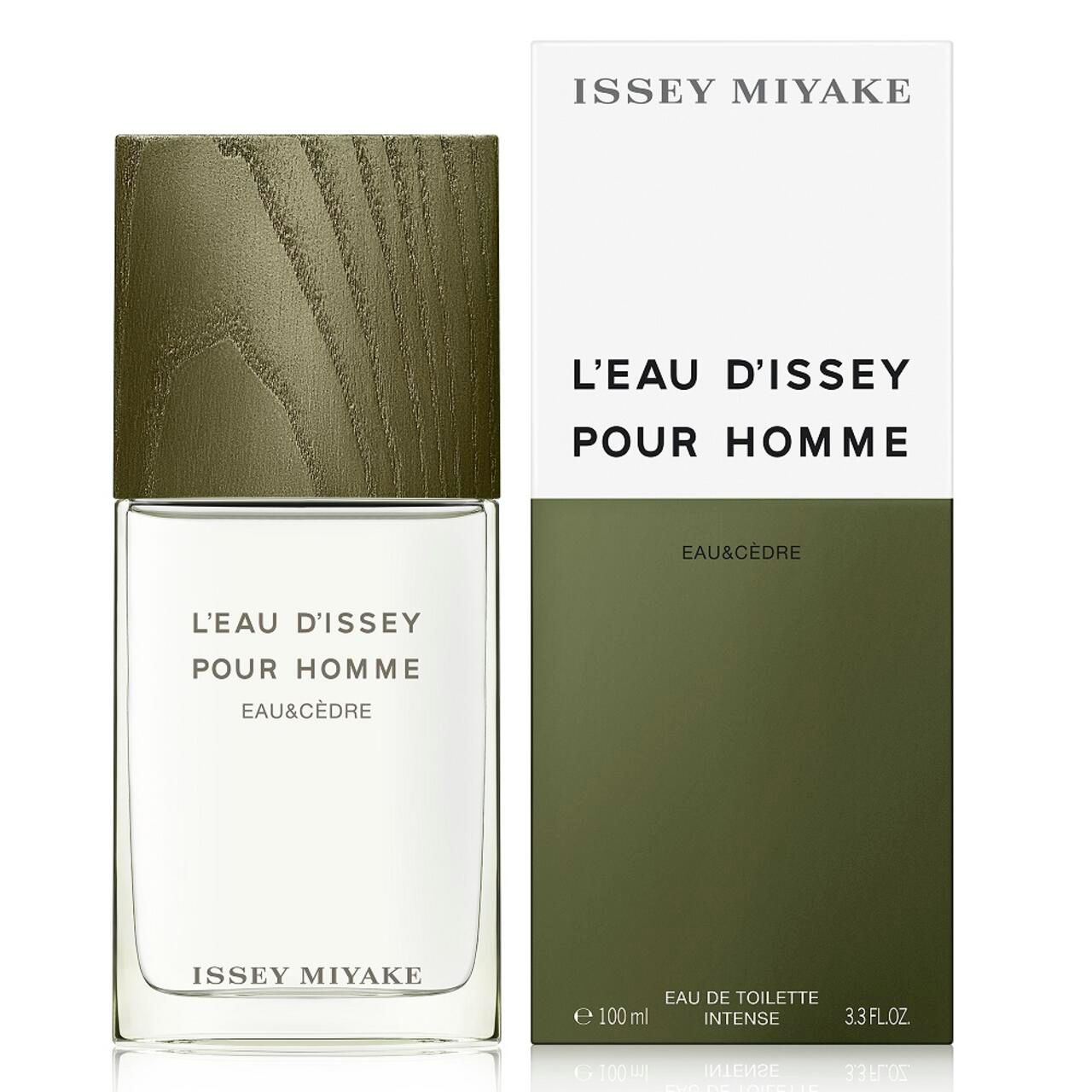Flakon und Verpackung. Aufschrift: L'EAU D'ISSEY POUR HOMME EAU&CÈDRE. Marke: ISSEY MIYAKE. Auf der Verpackung: 100 ml.