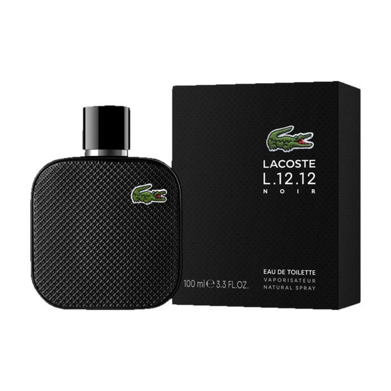 Schwarzer Flakon und Verpackung. Grünes Krokodil-Logo. Text: Lacoste L.12.12 Noir, Eau de Toilette.