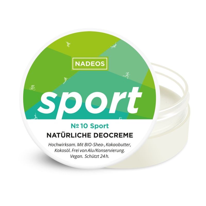 Deocreme in einem transparenten Tiegel. Auf dem Deckel steht "NADEOS sport". Text: Natürliche Deocreme, vegan, schützt 24h.
