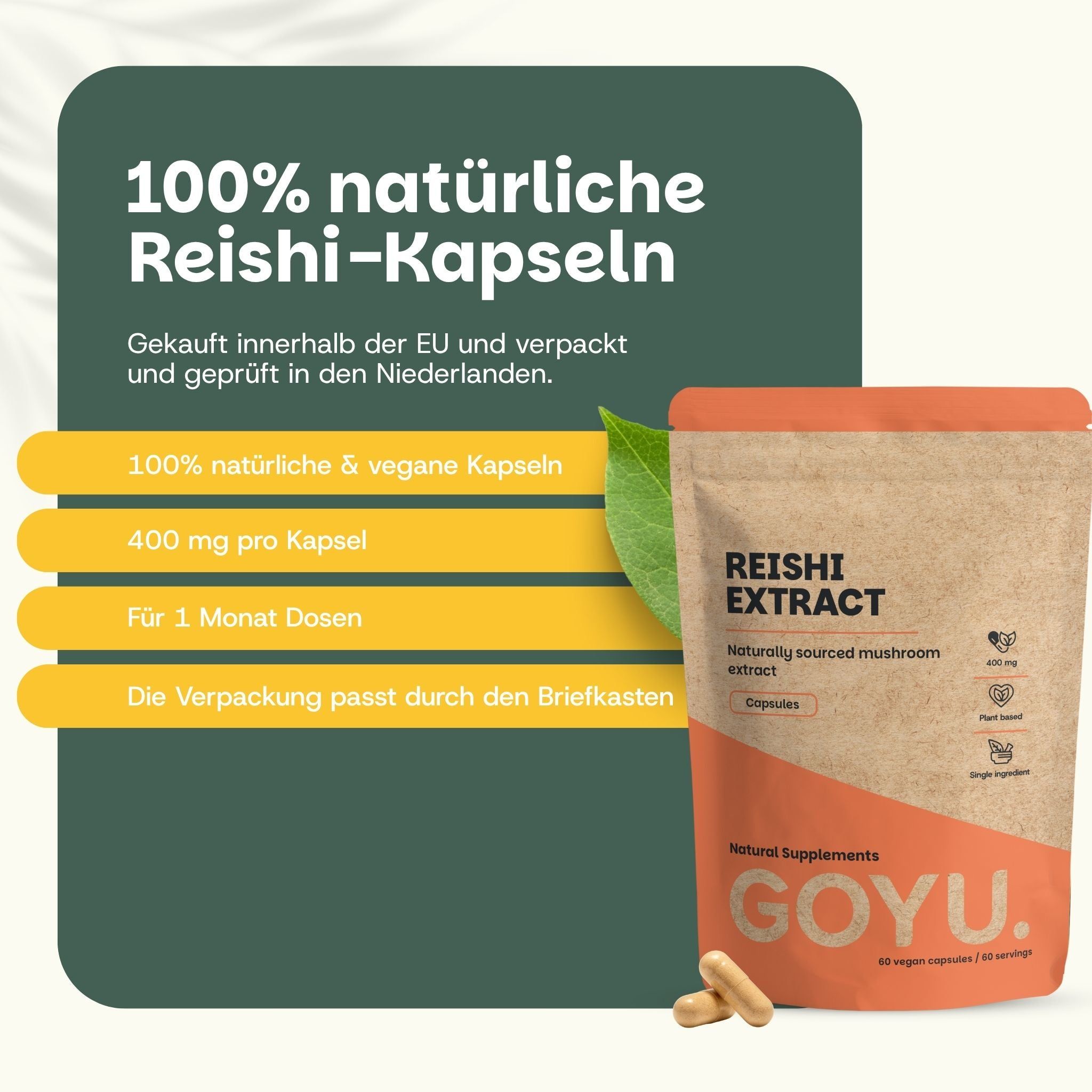 Verpackung mit Reishi-Extrakt-Kapseln, 400 mg pro Kapsel, 30 Kapseln.