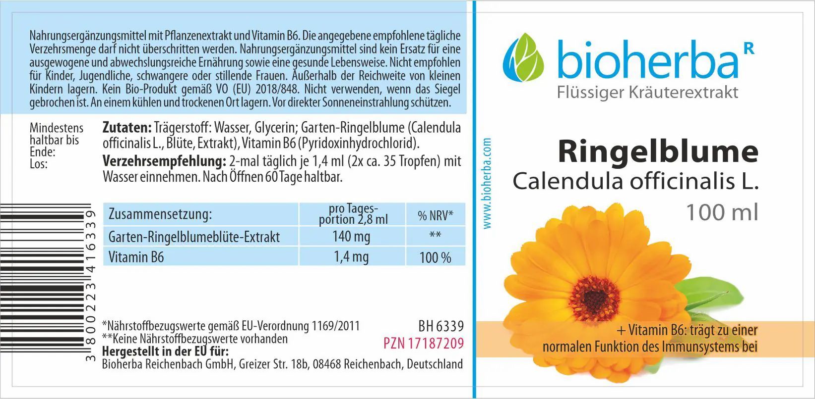 Etikett mit Produktinformationen und Logo. Enthält Produktname, Inhaltsstoffe und Dosierung. 100 ml.