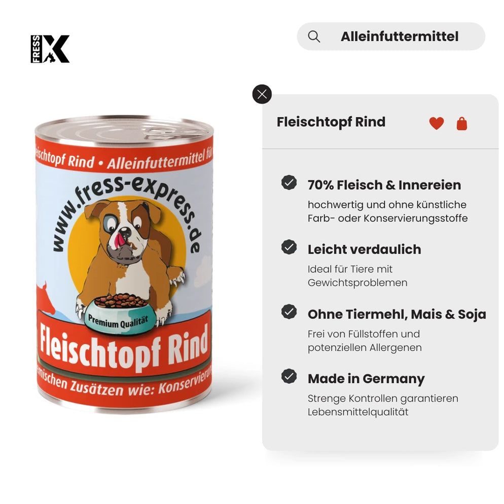 Hundefutter-Konservendose mit Produktinformationen. Dose mit Etikett. Text: Fleischtopf Rind, 70% Fleisch & Innereien, leicht verdaulich, ohne Getreide, Made in Germany.