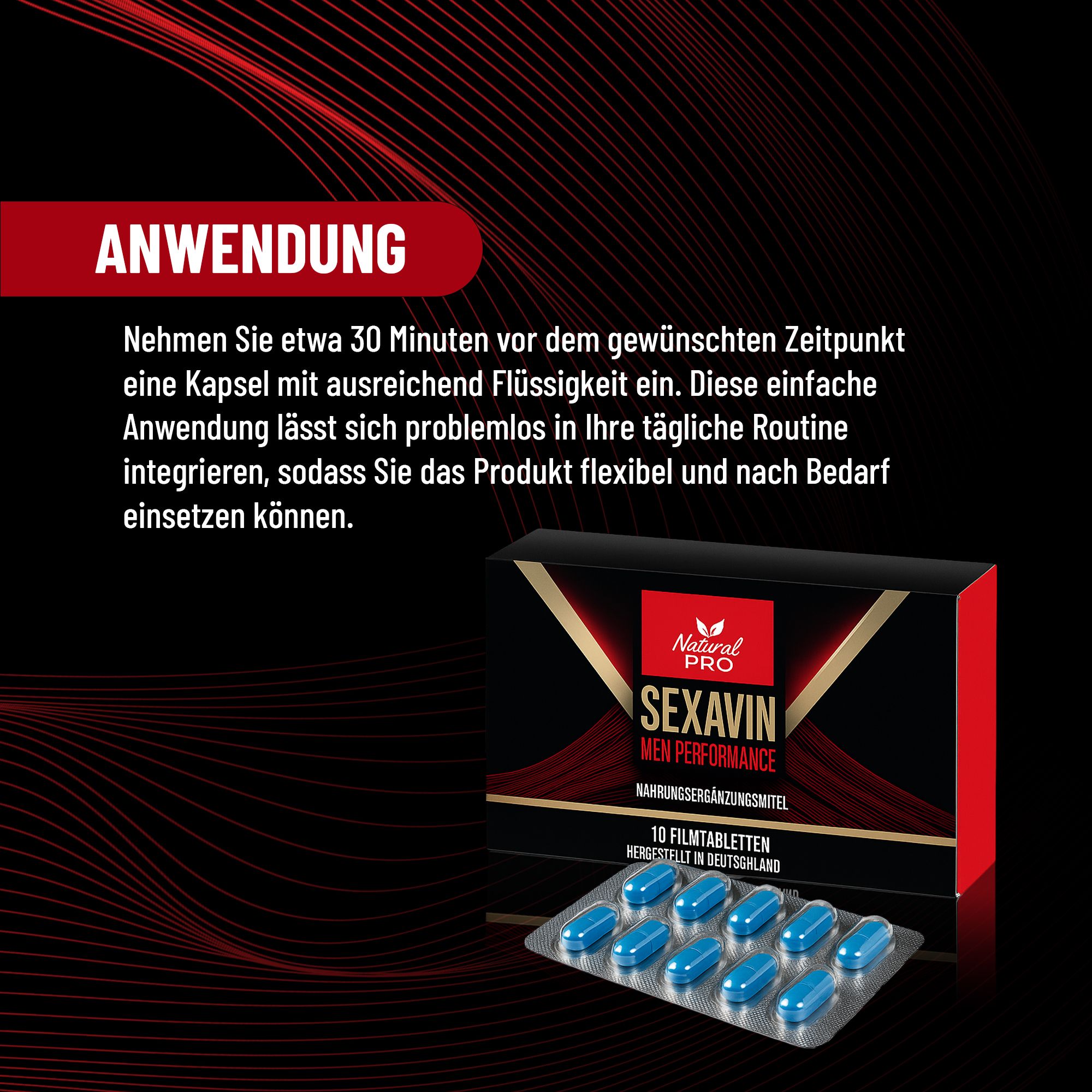 Produktbox "SEXAVIN" und Tablettenblister. Text: "ANWENDUNG". Schwarzer Hintergrund.