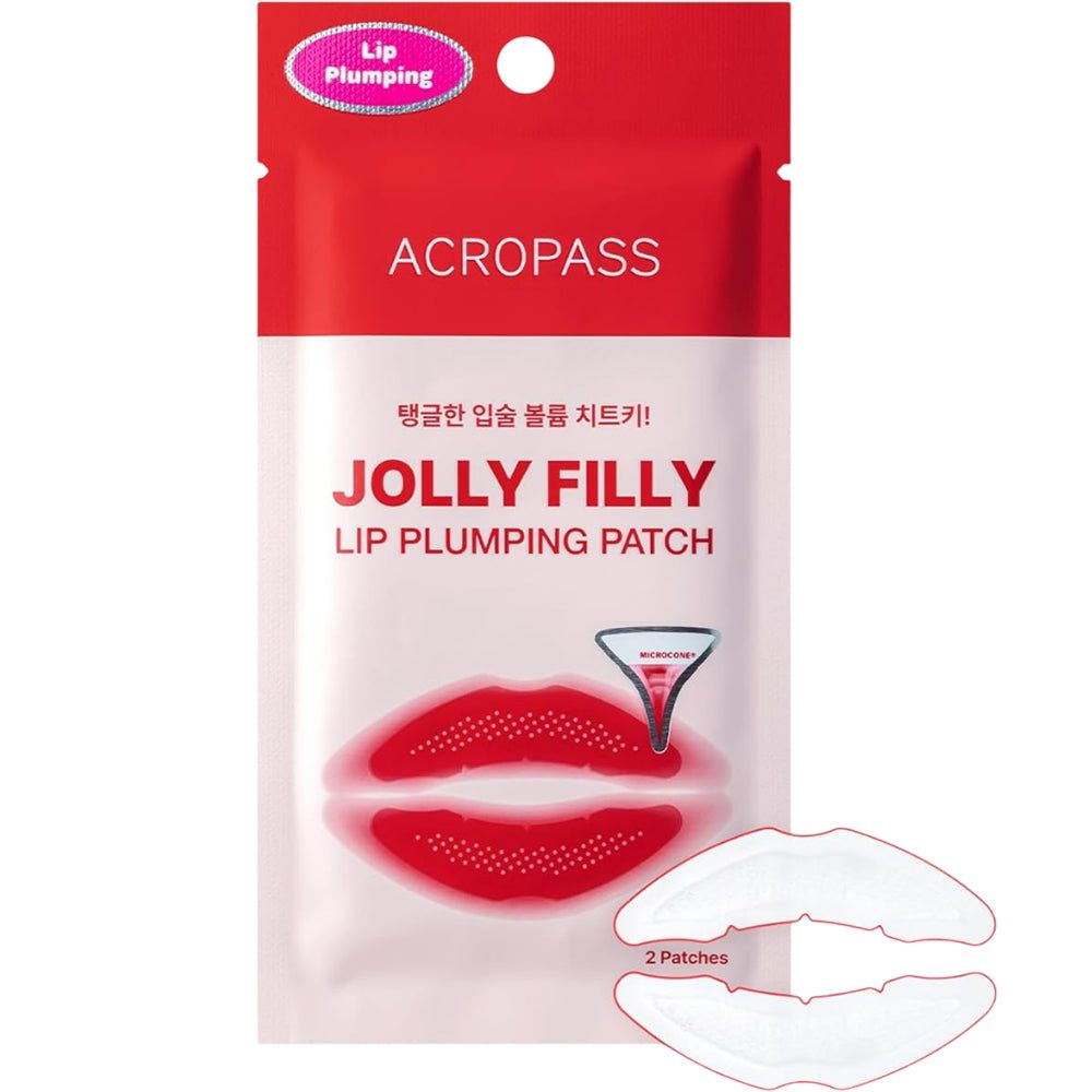 Verpackung mit ACROPASS Jolly Filly Lippen-Plumping-Patch. Rote und weiße Verpackung mit Produktnamen und Abbildung von Lippen. 2 Patches.