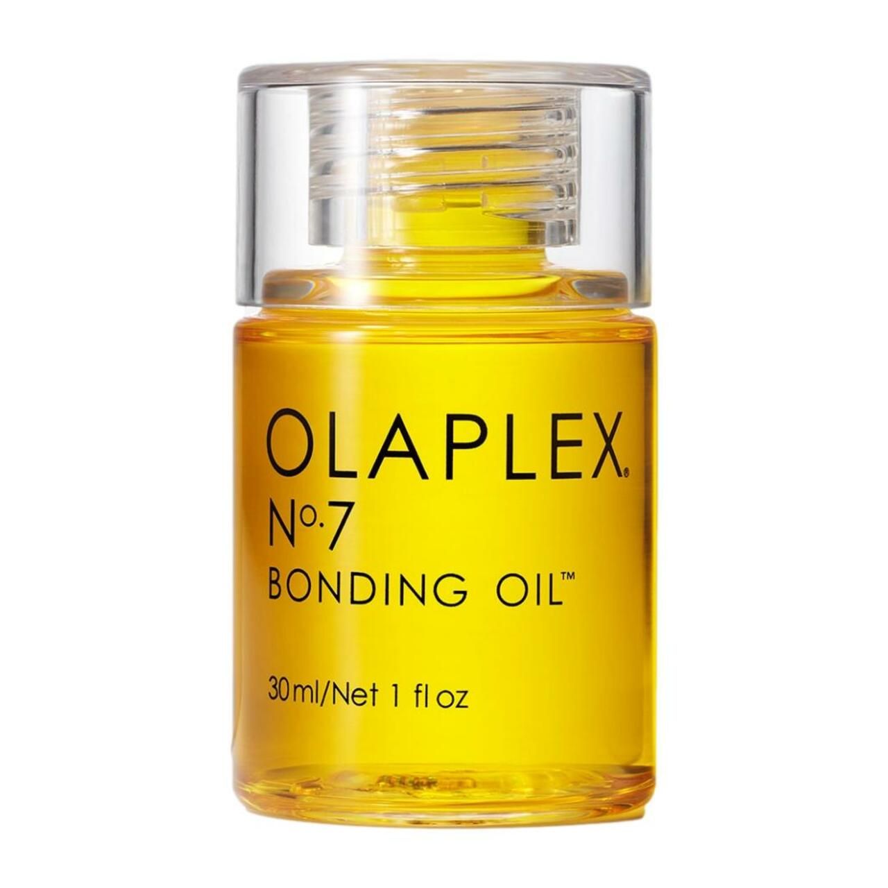 Kleine, gelbe Flasche mit durchsichtigem Deckel. Olaplex No.7 Bonding Oil. 30ml/1 fl oz.