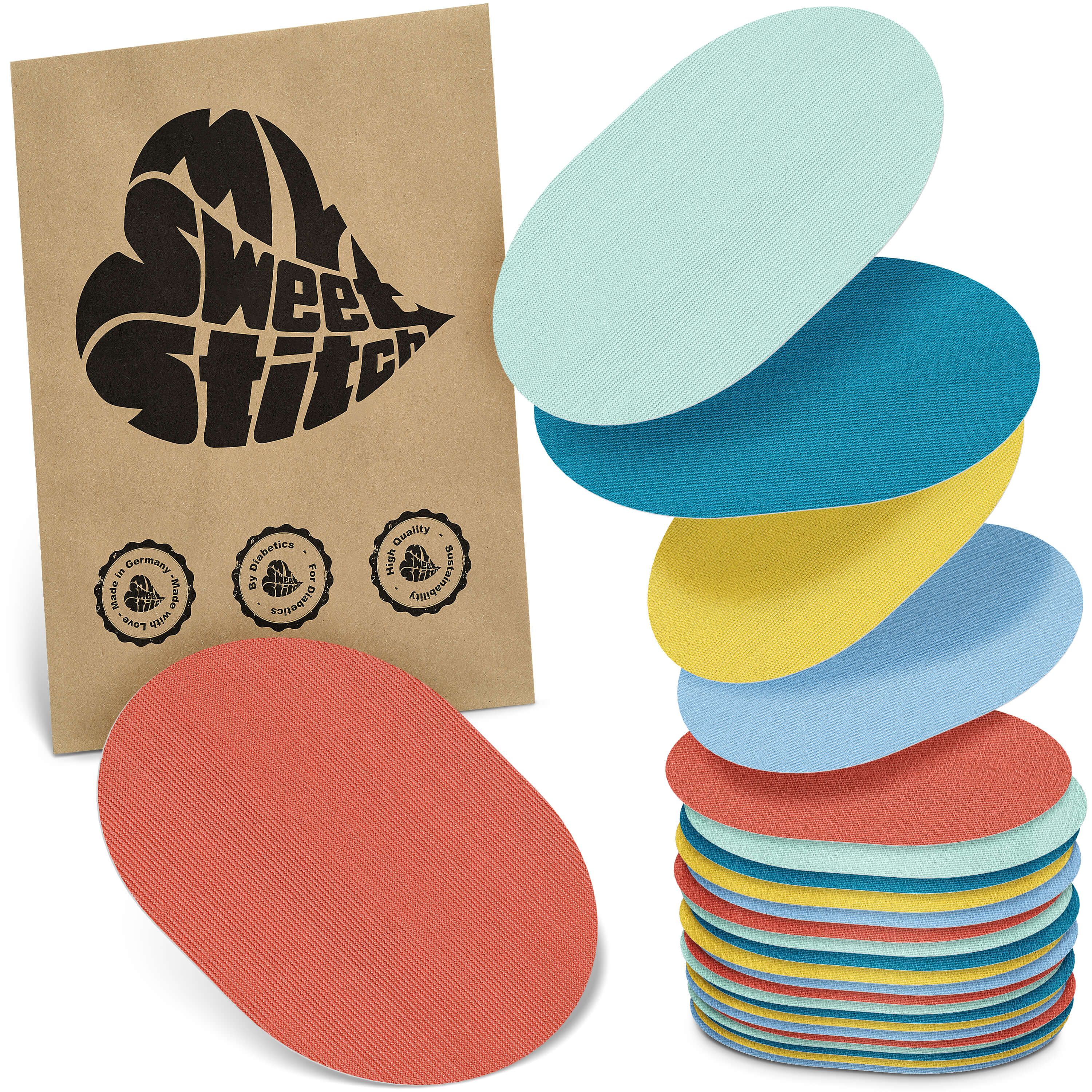 Ovale Pflaster in verschiedenen Farben. Verpackung mit Logo "MySweetStitch". Siegel: Made in Germany, Bio-Qualität.