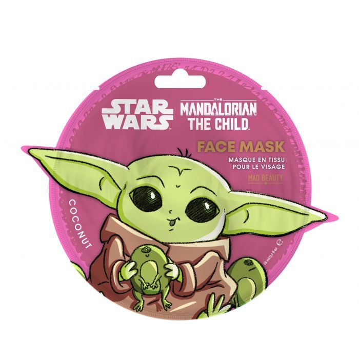 Runde, rosa Gesichtsmaske mit Baby Yoda-Illustration. Text: Star Wars, Mandalorian, Face Mask, Coconut. Marke: Mad Beauty.