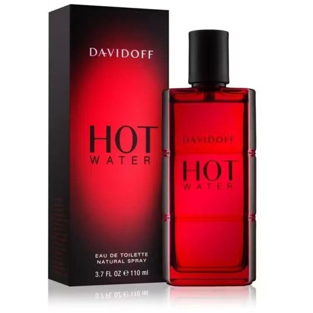 Davidoff Hot Water Eau de Toilette. Rote Flasche und schwarze Verpackung. Aufschrift: HOT WATER, DAVIDOFF.