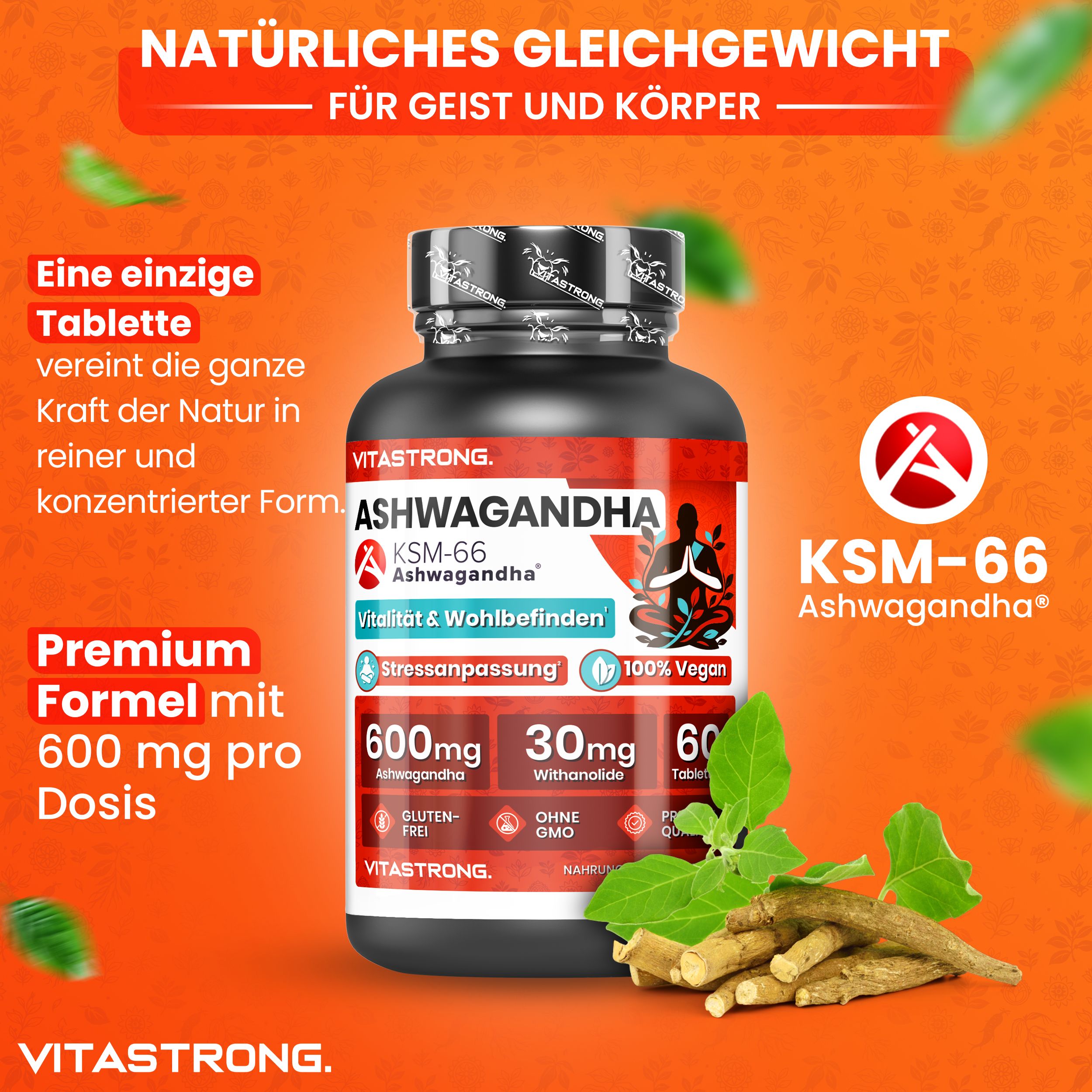 Ashwagandha KSM-66® Flasche. 60 Tabletten. 600mg Ashwagandha. 100% vegan. Ohne Gluten und GVO. Rotes Etikett.