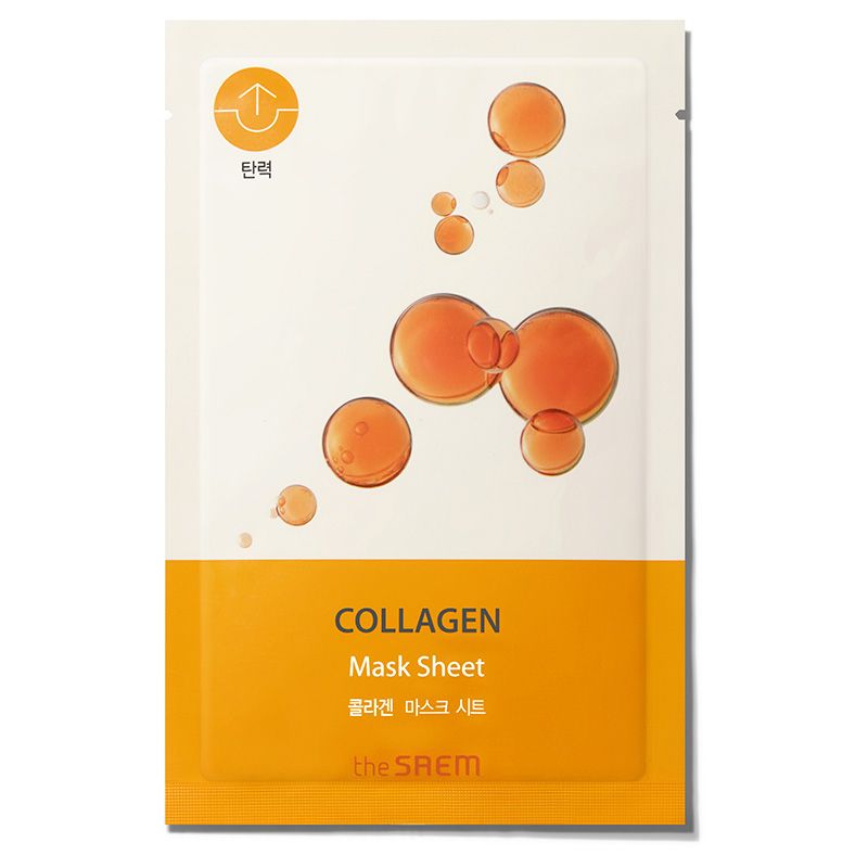 Gesichtsmaske in einer Verpackung. Aufdruck: Collagen Mask Sheet. Orangefarbener Bereich mit Text. Marke: the SAEM.