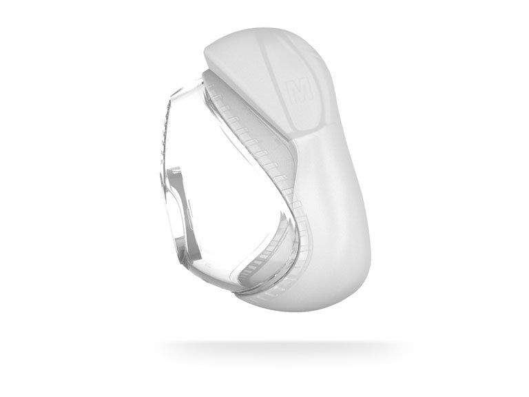 Weißes CPAP-Maskenkissen. Sichtbare, weiche Oberfläche und transparente Maske.