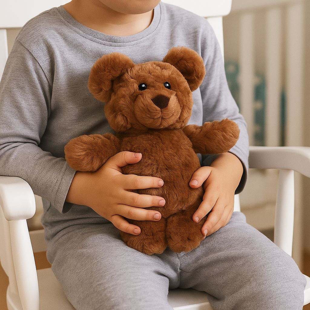 Kind hält braunen Teddybären im Schoß. Teddybär mit Ohren, Augen, Nase und Mund. Kind sitzt auf Stuhl.