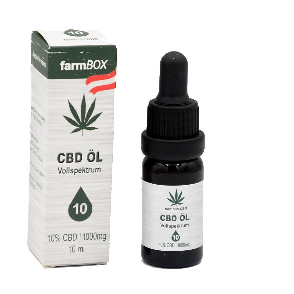 Braune Glasflasche mit Tropfer und Verpackung. Aufschrift: farmBOX CBD-Öl 10%. Vollspektrum. Tropfen-Symbol mit 10.