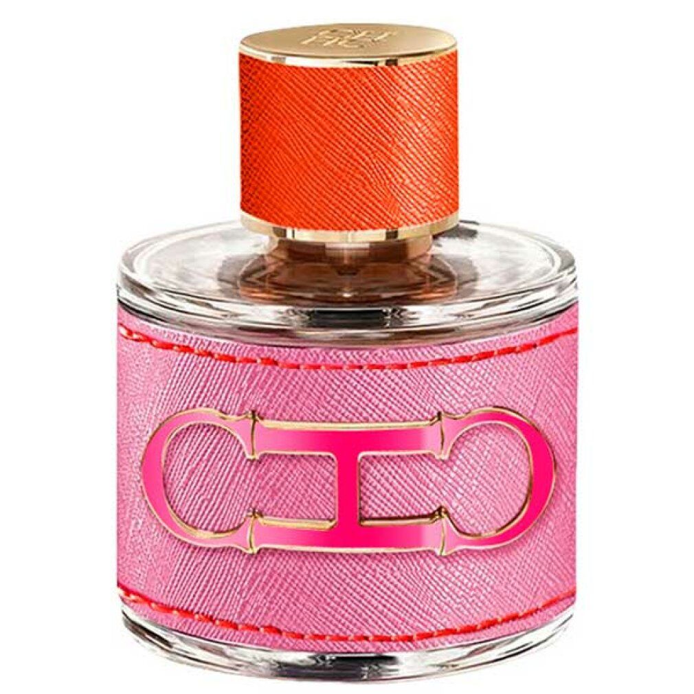 Carolina Herrera CH Pasion Eau de Parfum Flakon. Rosa Lederband mit CH-Logo umhüllt den Glasflakon. Orangefarbener, strukturierter Deckel.
