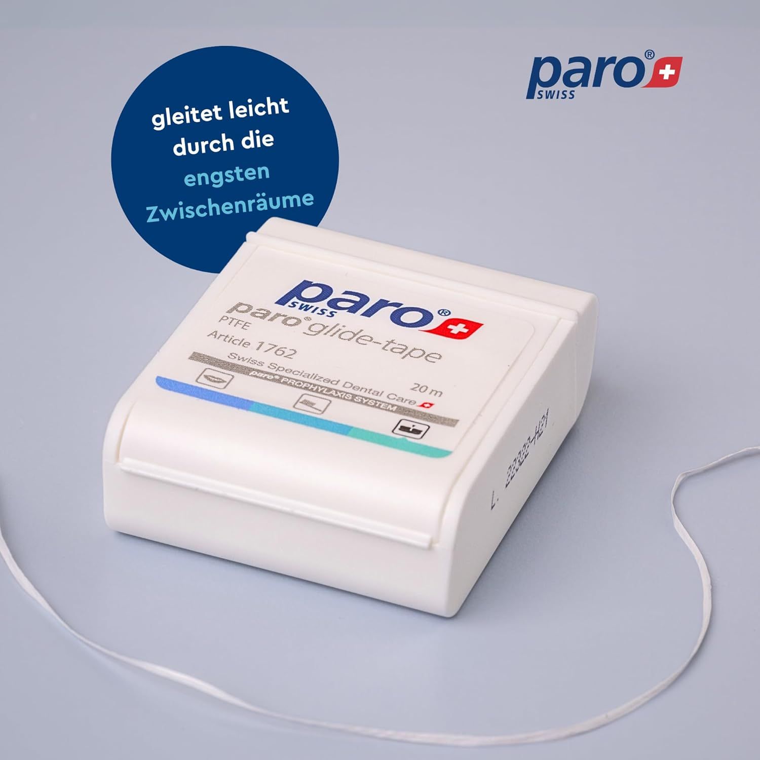 paro® glide-tape Zahnseide, 20 m PTFE, gleitet leicht durch engste Zwischenräume.