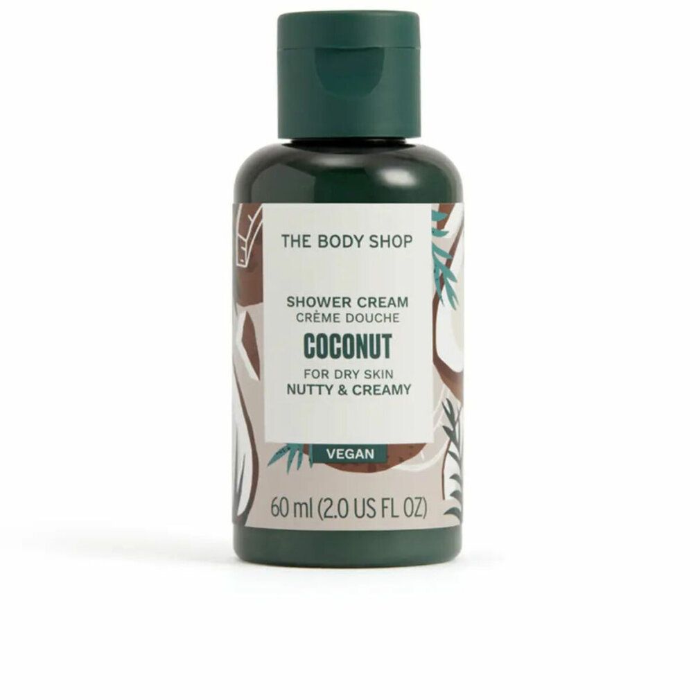 Kleine grüne Flasche mit Aufschrift "Coconut Shower Cream". Vegan. 60 ml.