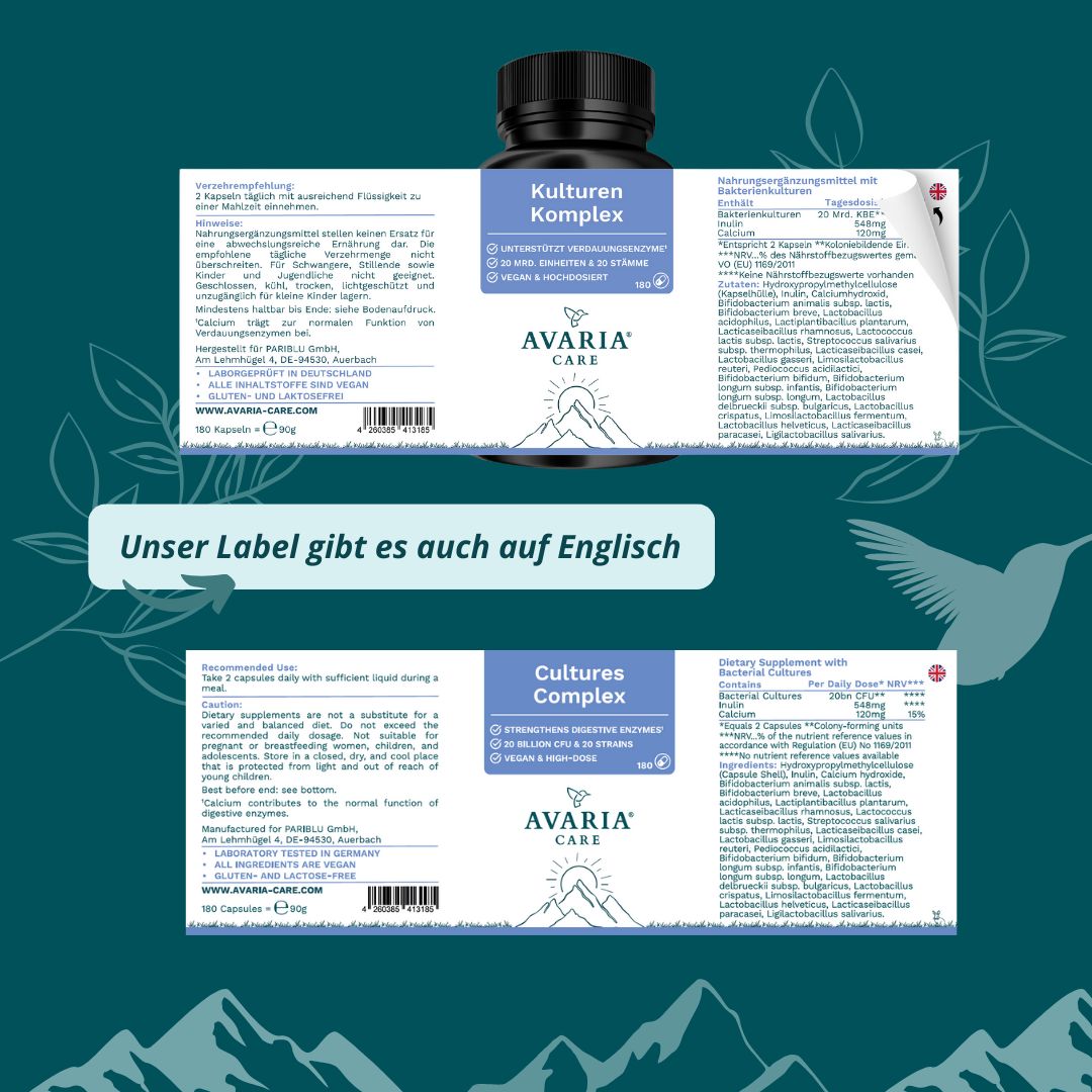 AVARIA CARE® Kulturen Komplex – 20 Bakterienstämme – hochdosiert – mit Calcium & Inulin – vegan