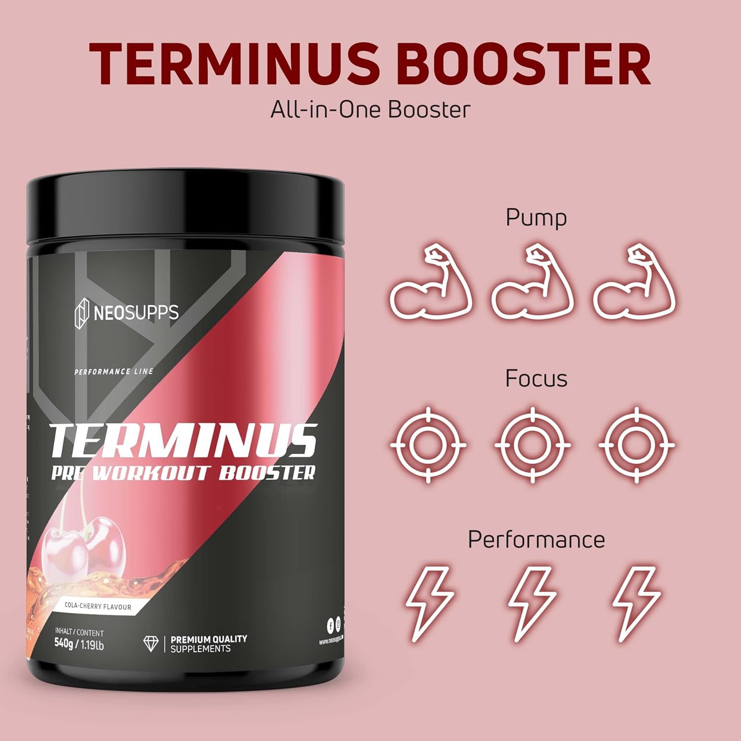 Dose Terminus Booster. Kirsch-Aroma. Pump, Fokus, Performance Symbole. Premium Quality Supplements. 540g/1.19lb.