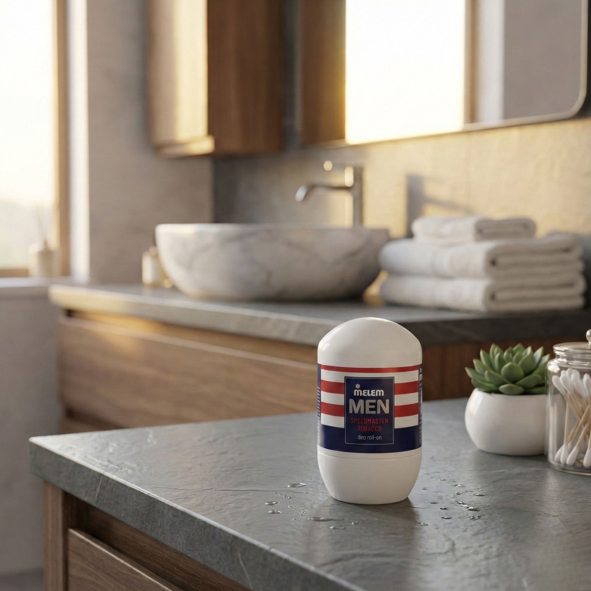 Weißes Deo mit rot-weiß-blauer Banderole. Steht auf einer Badezimmerablage. Im Hintergrund Spiegel, Waschbecken und Handtücher.