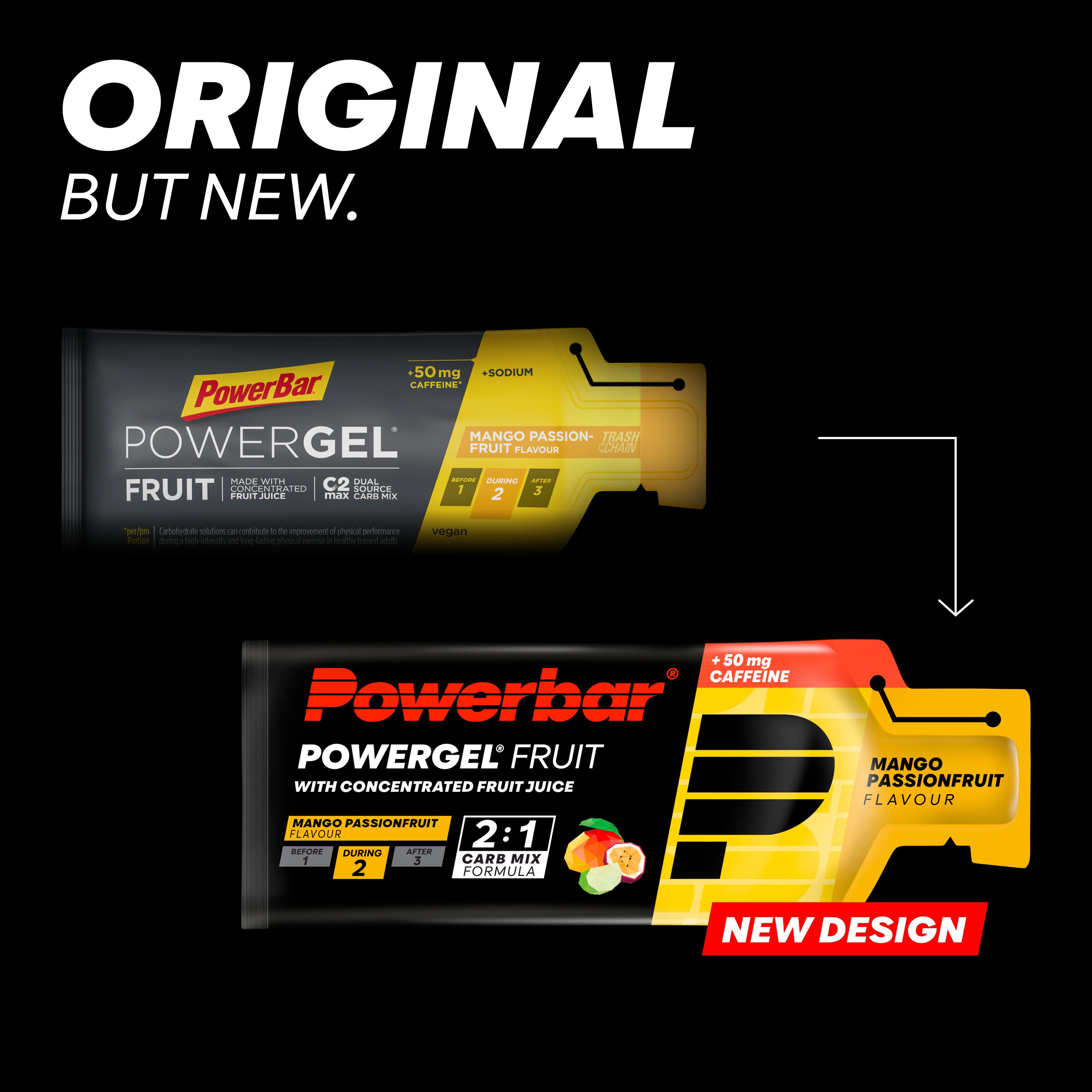Zwei PowerBar PowerGel Fruit-Beutel. Oben: älteres Design. Unten: neues Design. Beide mit Mango-Maracuja-Geschmack und 50 mg Koffein.
