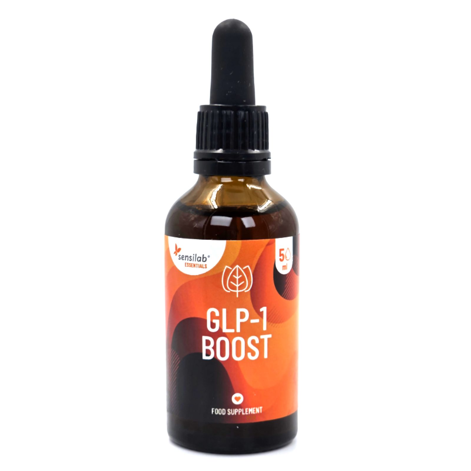 Braune Glasflasche mit schwarzer Pipette. Aufschrift: GLP-1 BOOST, Food Supplement. Sensilab Essentials Logo. 50 ml.
