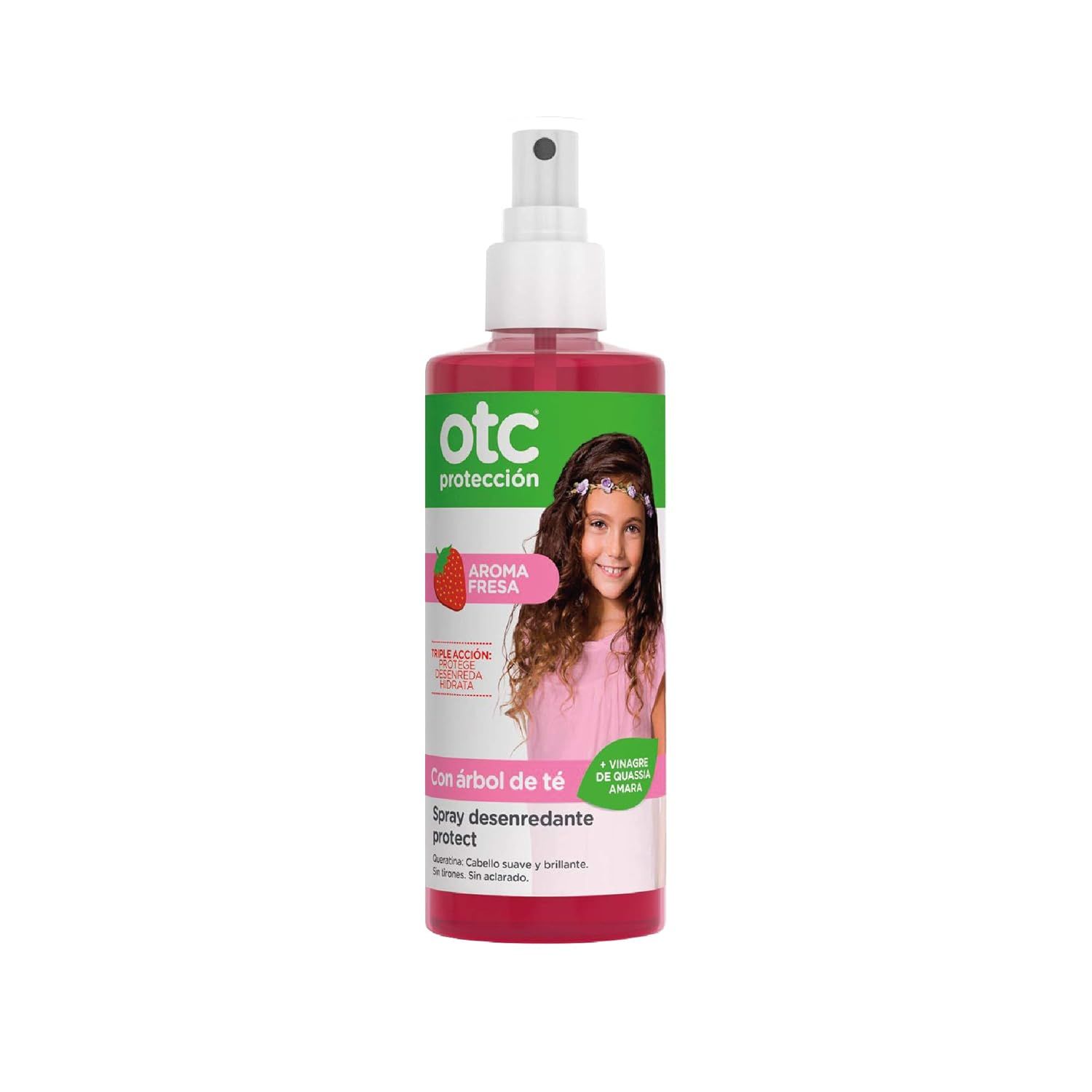 Flasche mit rosa Flüssigkeit und Sprühkopf. Aufkleber mit Produktbild, Erdbeere und Text. OTC-Logo.