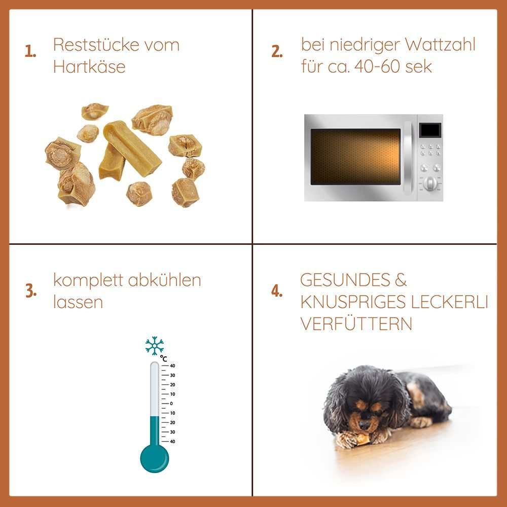 Anleitung zur Zubereitung von Hartkäse-Kausnacks. Schritte: Reststücke, Mikrowelle, abkühlen lassen, verfüttern.