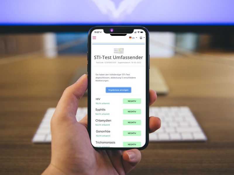 Smartphone mit Testergebnissen. Anzeige: "STI-Test Umfassender". Ergebnisse für HIV, Syphilis, Chlamydien, Gonorrhöe, Trichomoniasis.