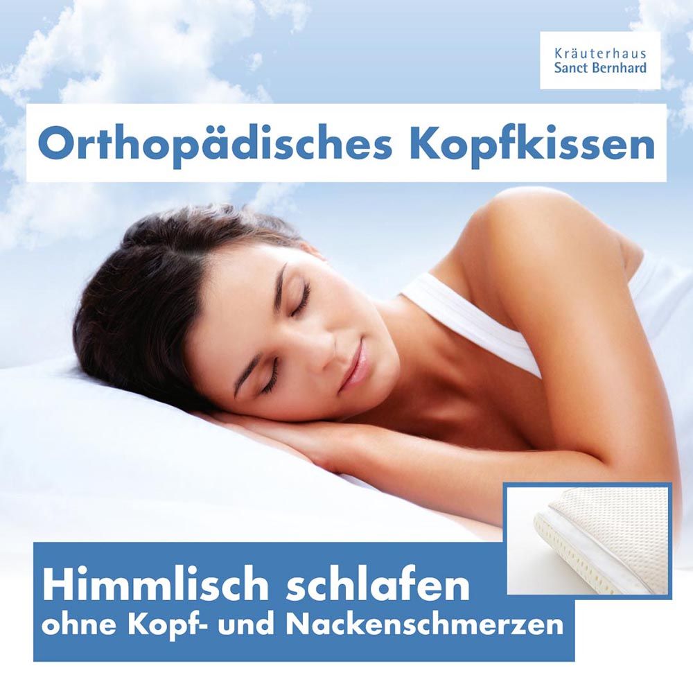 Werbebild für Orthopädisches Kopfkissen. Frau schläft friedlich auf Kissen. Text: Himmlisch schlafen ohne Kopf- und Nackenschmerzen.