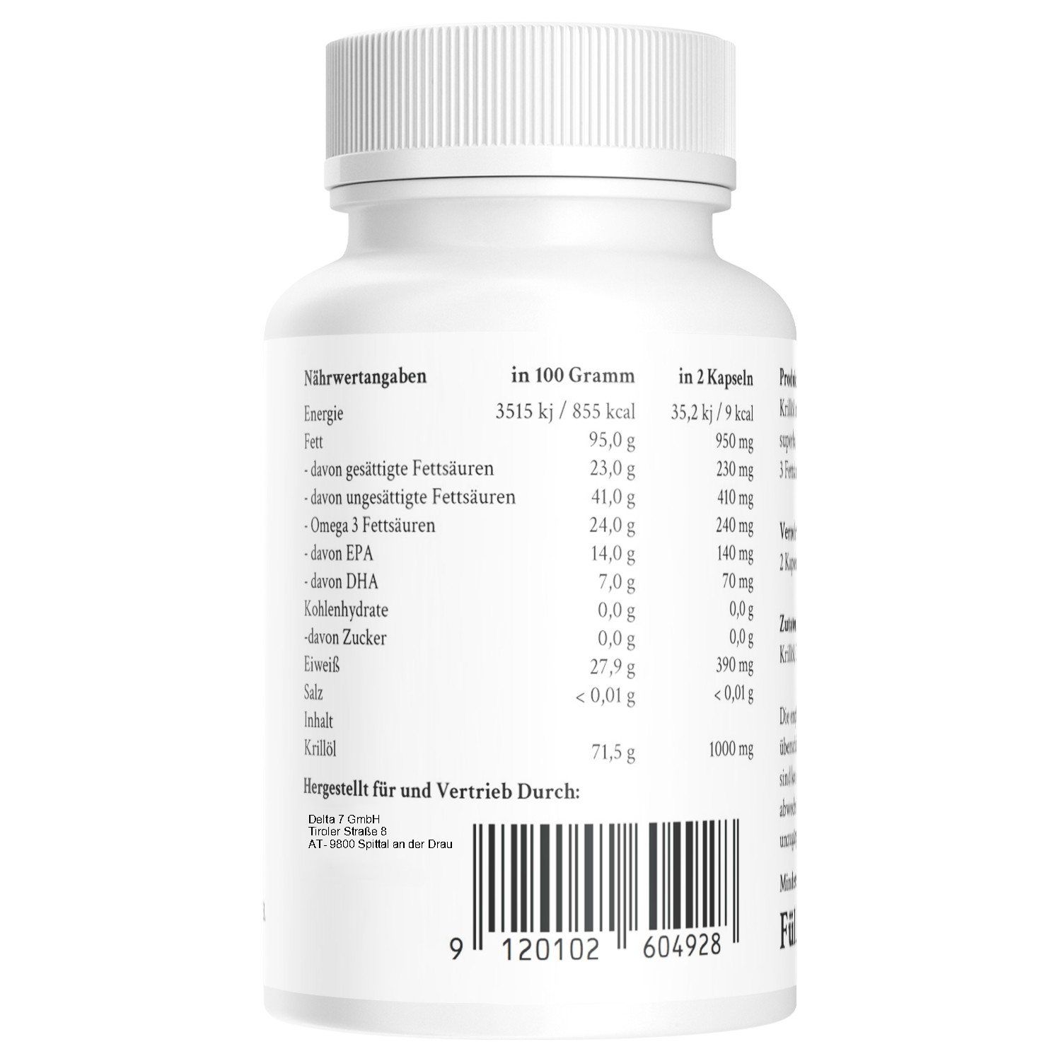 Rückseite einer weißen Flasche. Nährwertangaben in 100g und 2 Kapseln. Barcode und Herstellerinformationen.