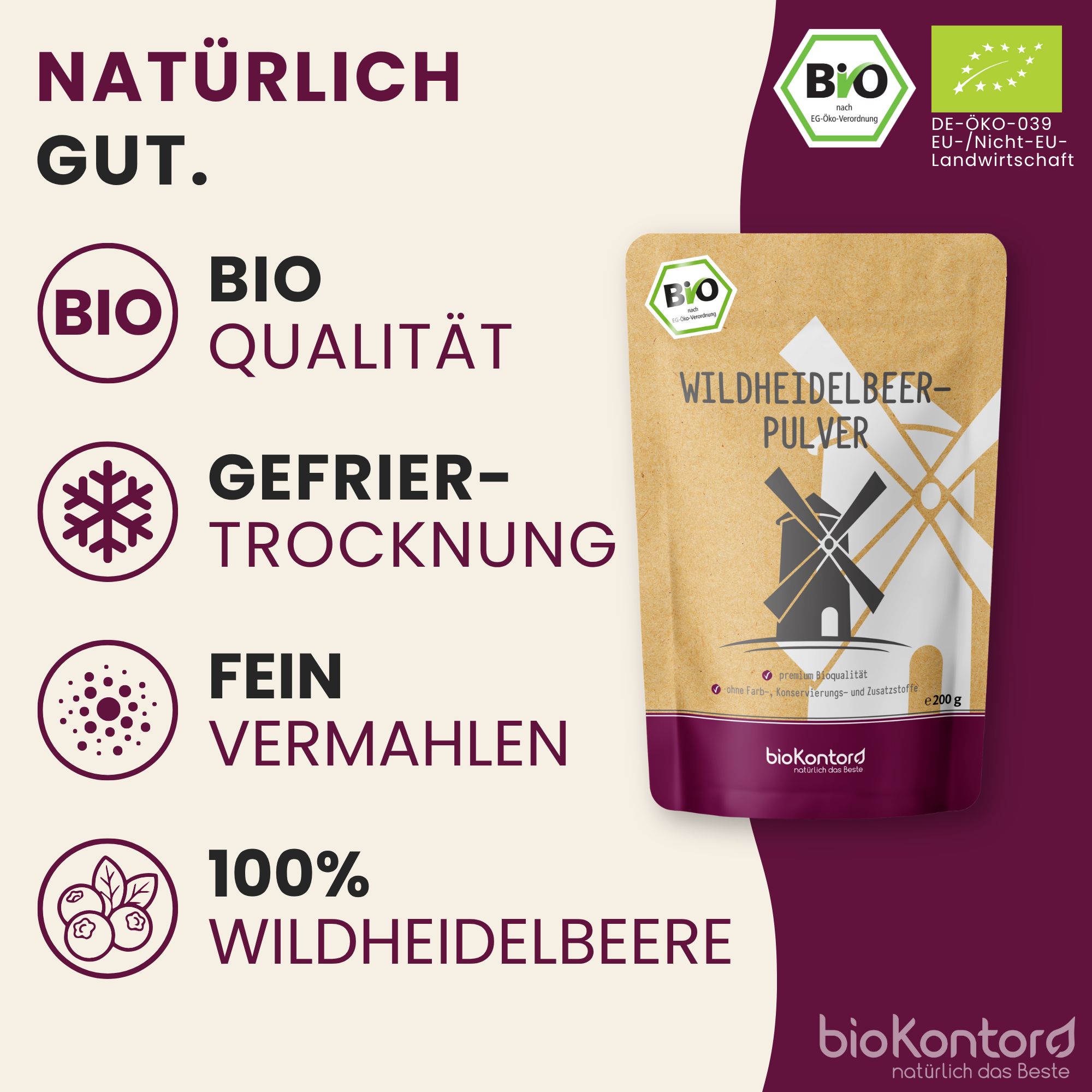 BioKontor Wildheidelbeer Pulver: Bio-Qualität, gefriergetrocknet, fein vermahlen, 100% Wildheidelbeere.