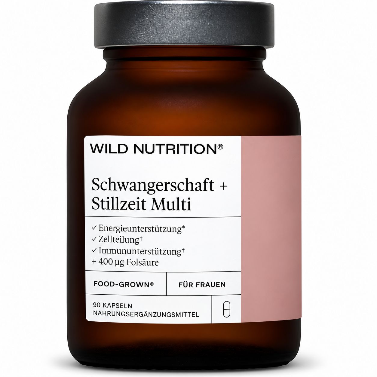 Braune Glasflasche mit Etikett für Schwangerschaft + Stillzeit Multi, 90 Kapseln.