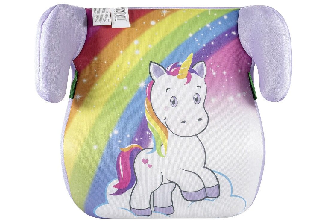Kindersitzerhöhung mit Einhorn-Motiv und Regenbogen. Lila Kopfstützen. Aufdruck mit Einhorn auf Wolke. Grüne Gurthalterungen.