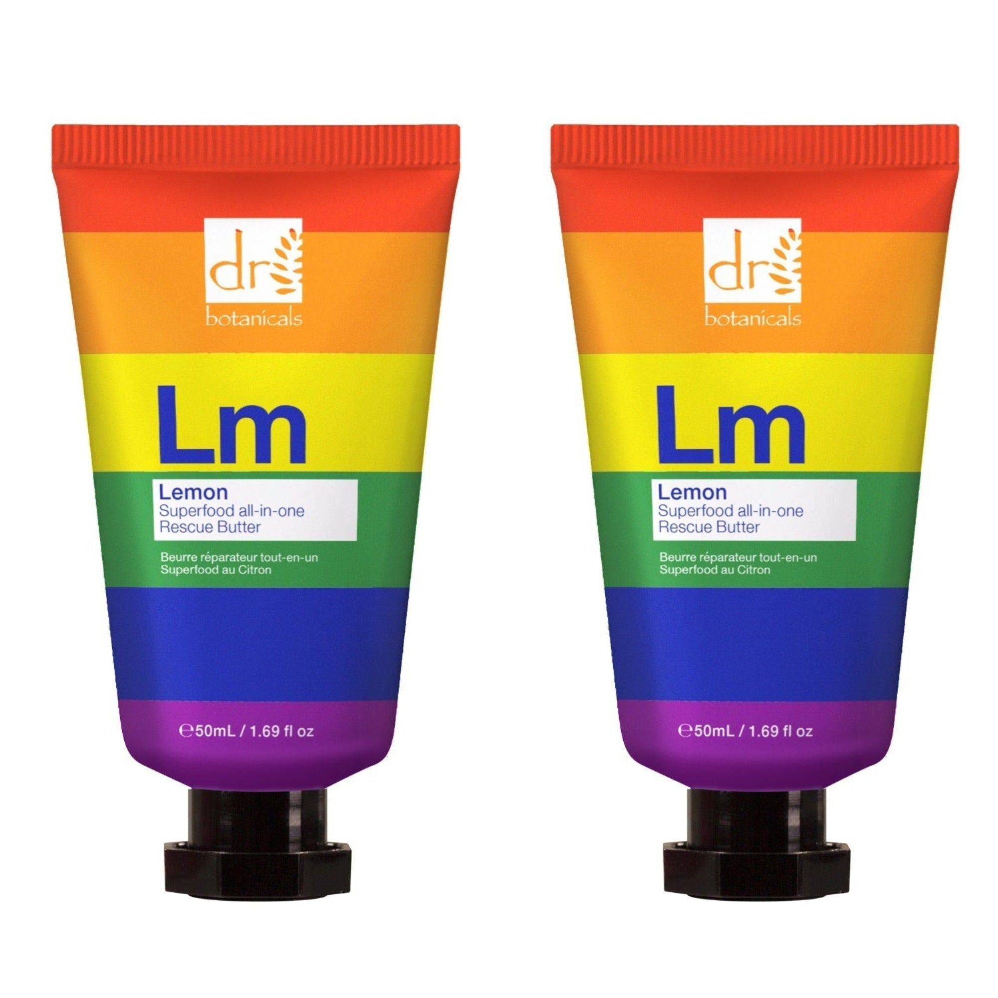 Zwei Tuben mit Regenbogenfarben. Text: Dr Botanicals, Lm, Lemon Superfood All-in-one Rescue Butter. Schwarze Verschlüsse.