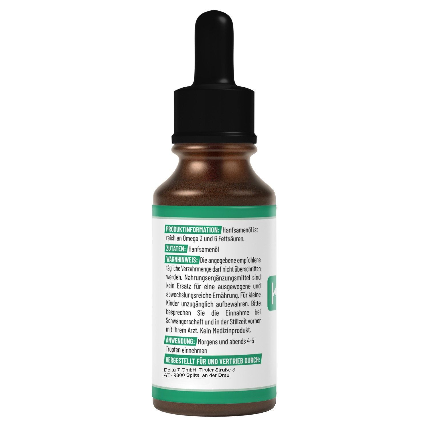 Rückseite einer Flasche mit Tropfer. Text und Informationen zu Inhaltsstoffen und Anwendung. Aufschrift: KETOGEN LIQUID.