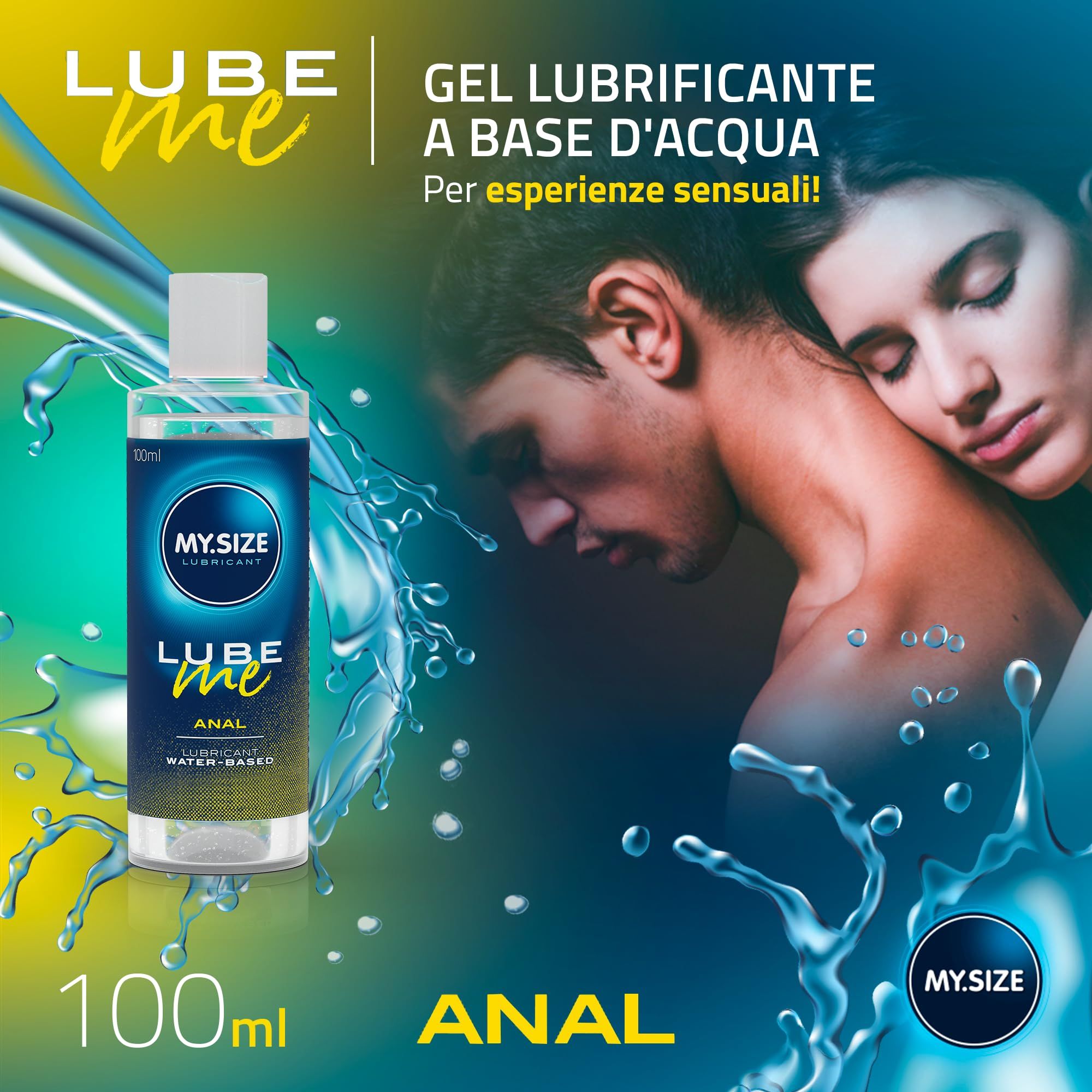 MY.SIZE Lube Me Gleitgel Anal Flasche mit einem Paar, das sich umarmt.