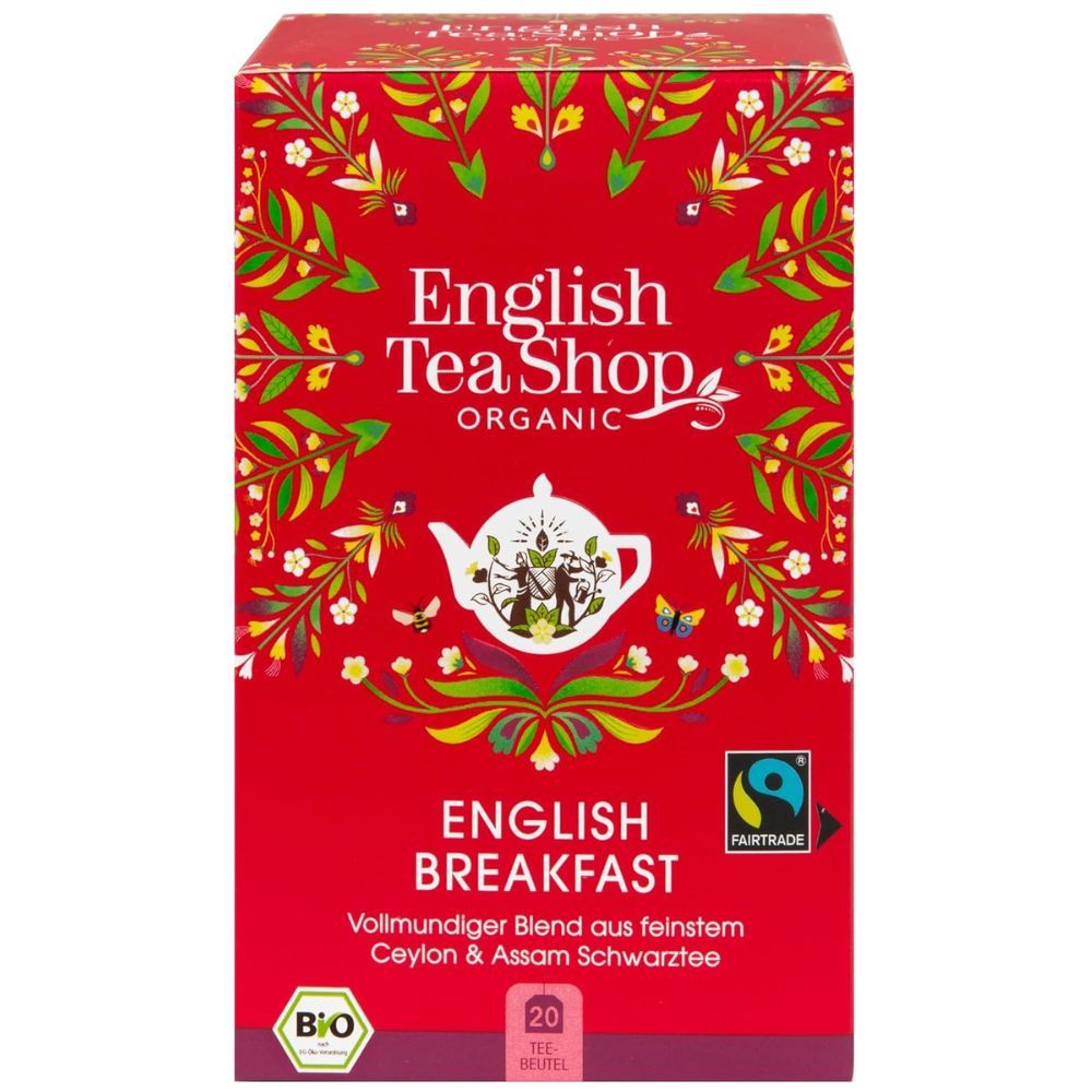 Rote Teebox mit "English Tea Shop English Breakfast"-Logo. Bio-Siegel, Fairtrade-Logo und 20 Beutel-Angabe.