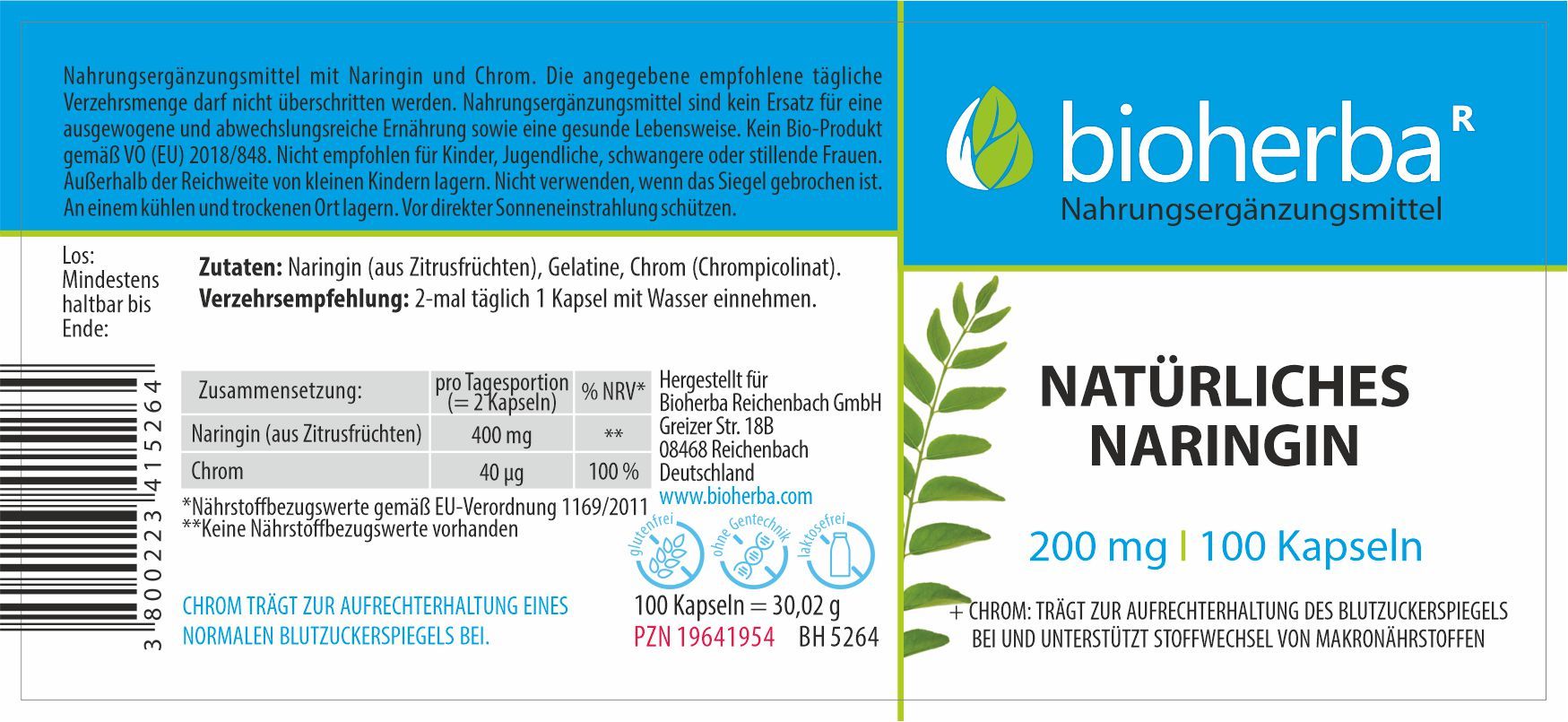 Etikett mit Produktinformationen. Aufschrift: Bioherba, Natürliches Naringin, 200 mg | 100 Kapseln. Enthält Naringin und Chrom. Details in Deutsch.