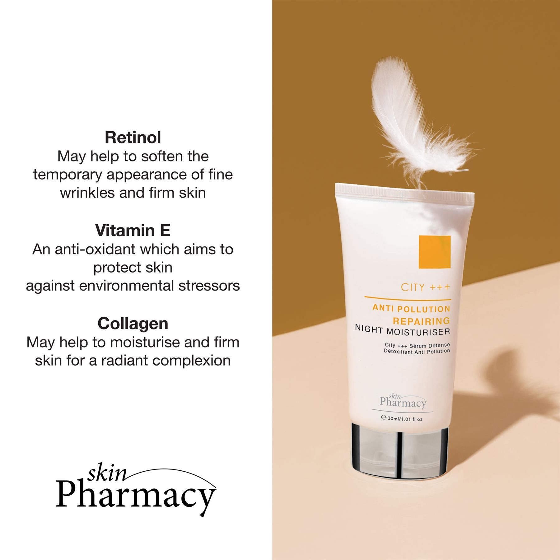 Tube skinPharmacy CITY +++ Nachtcreme neben Text über Retinol, Vitamin E, Kollagen.