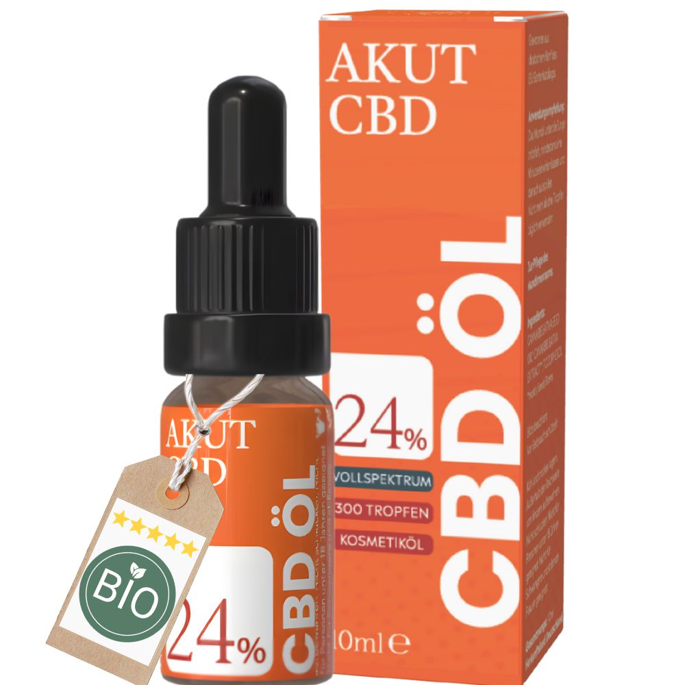 AKUT CBD Öl-Flasche und Verpackung. Aufschrift: CBD Öl 24%, Bio-Siegel. 10ml Flasche.