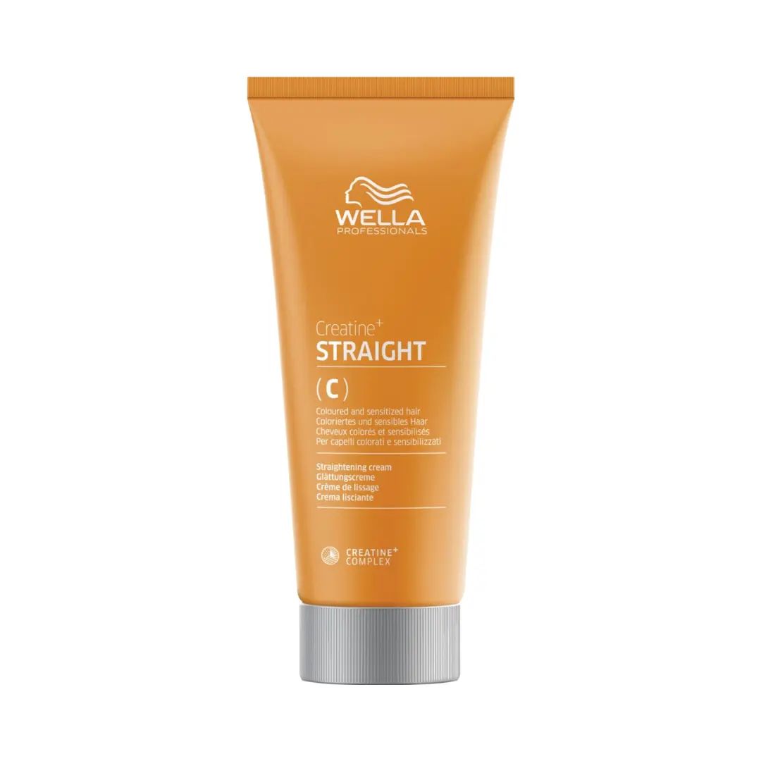 Orange Tube mit silbernem Deckel. Aufschrift: Wella Professionals, Creatine+ Straight (C). Für coloriertes und sensibles Haar.