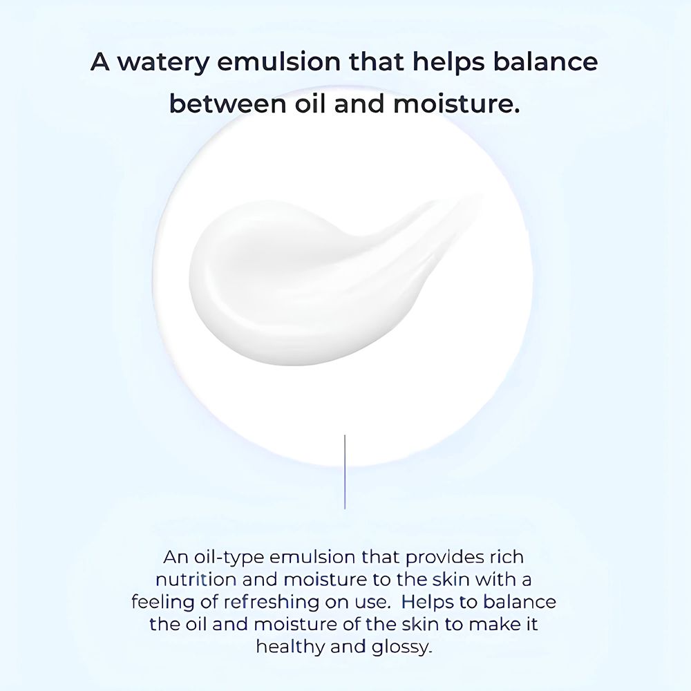Nahaufnahme einer weißen Emulsion auf weißem Hintergrund. Text: "A watery emulsion that helps balance between oil and moisture."