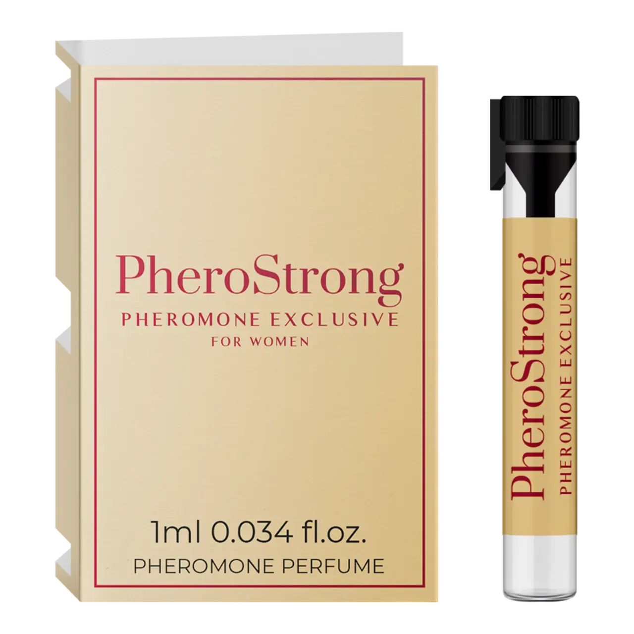 Beige Verpackung und Flakon. Aufschrift PheroStrong, Pheromone Exclusive für Frauen. 1ml Flakon.